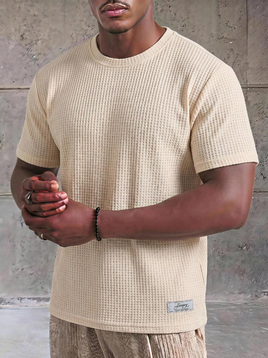 ESTAVOR Camiseta holgada de punto de gofre de color sólido para hombre - Caqui - Ver 1
