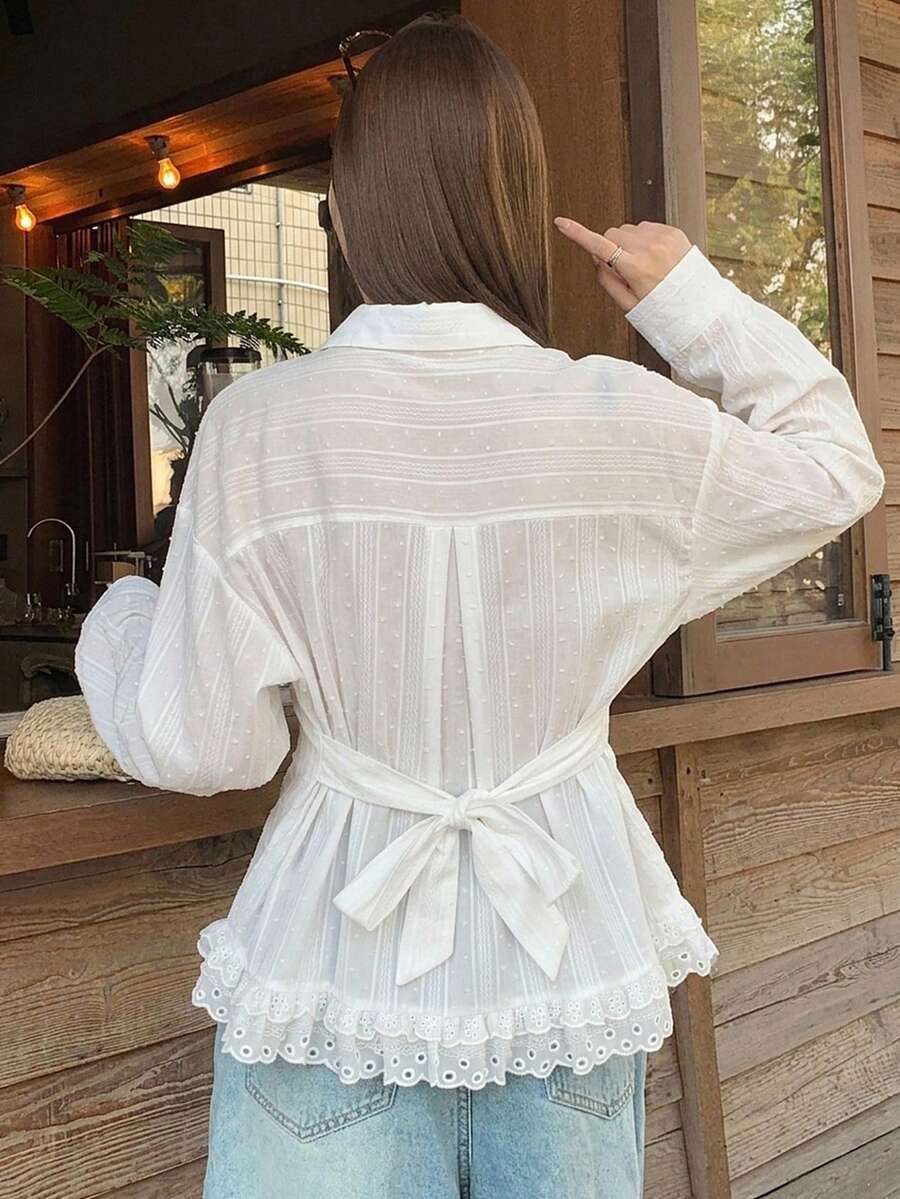 DAZY جاكيت نسائي بقبعة وأكمام طويلة وقصة فضفاضة من قماش منسوج مع تطريز دانتيل بتصميم كاجوال وأسلوب عطلة بقصة عادية - أبيض - مشاهدة 1
