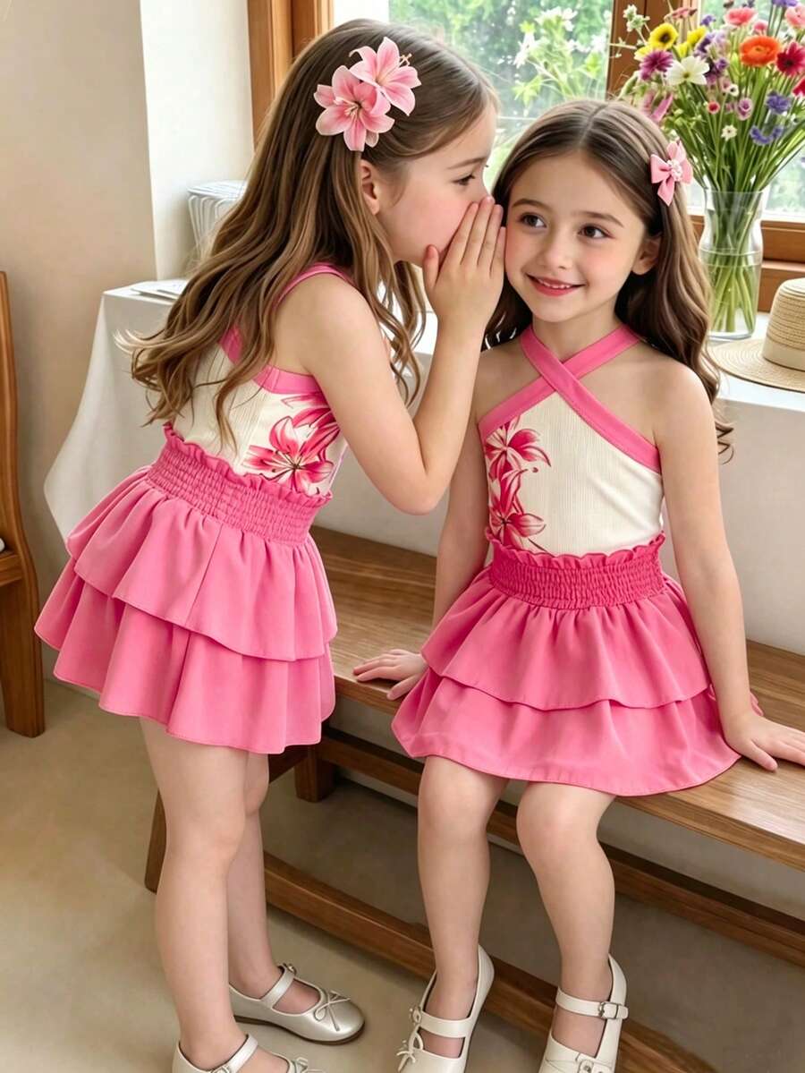 SHEIN Elladie kids 2件組青少年女孩掛脖背心上衣,開學季 7歲生日/1歲生日款,領口花卉印花羅紋針織,純色荷葉邊套裝,幼兒房風紫色,秋季 - 粉色 - 查看 1