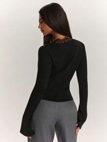 SHEIN BAE Women's Lace Patchwork Fitted Versatile Daily Casual Long Sleeve Top - Apricot - View 2