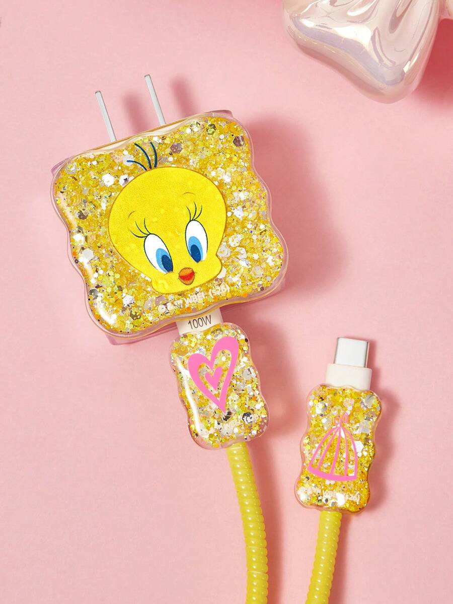LOONEY TUNES X SHEIN Data Cable Protector, Suitable For IPhone Charger, 4-Piece Set Of Mobile Phone Cable Protectors, Charger Protector (Excluding Data Cable) - Yellow - View 1