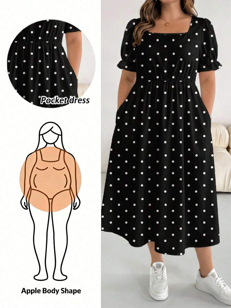 Shapeblank 大尺碼女款波點印花方領短袖口袋休閒洋裝 - 彩色 - 查看 1