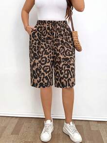 EMERY ROSE Plus Size Casual Leopard PrintBermuda Shorts With Pockets And Decorative Drawstring - Multicolor - View 4