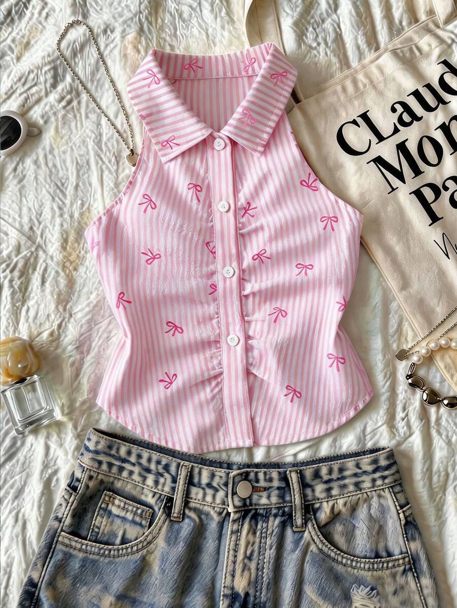 SHEIN 少女夏季休闲条纹蝴蝶结印花露背衬衫