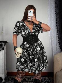 Whyspr Plus Size Dark Style V-Neck Waist-Cinching A-Line Dress - Multicolor - View 4