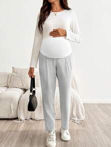 SHEIN Umstandshose gestreift mit verstellbarer Taille, lässig-schick, vielseitig für den Alltag, lang, Herbst, für Heimkehr und Fotoshooting, Weiß - Schwarz und Weiss - Übersicht 3