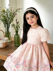 SHEIN Elladie kids Elegantes Sommerkleid für Kleine Mädchen mit Rundhalsausschnitt, Puffärmeln und Falten - Pink - Übersicht 1