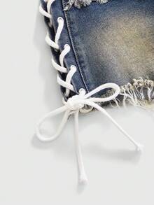 ROMWE Y2K Sexy Side Lace-Up Vintage Frayed Hem Ultra Short Denim Shorts For Women, Suitable For Daily Wear, Music Festivals, Vacations And More - Dark Wash - View 4