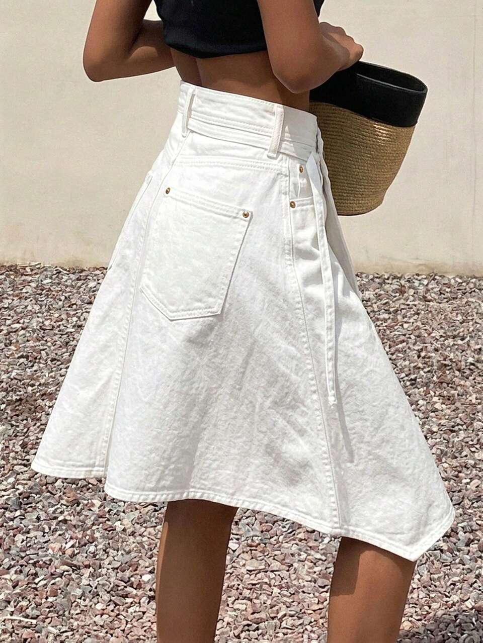 Women's Casual Solid Color Asymmetric Hem Denim Mini Skirt Autumn Vacation All White