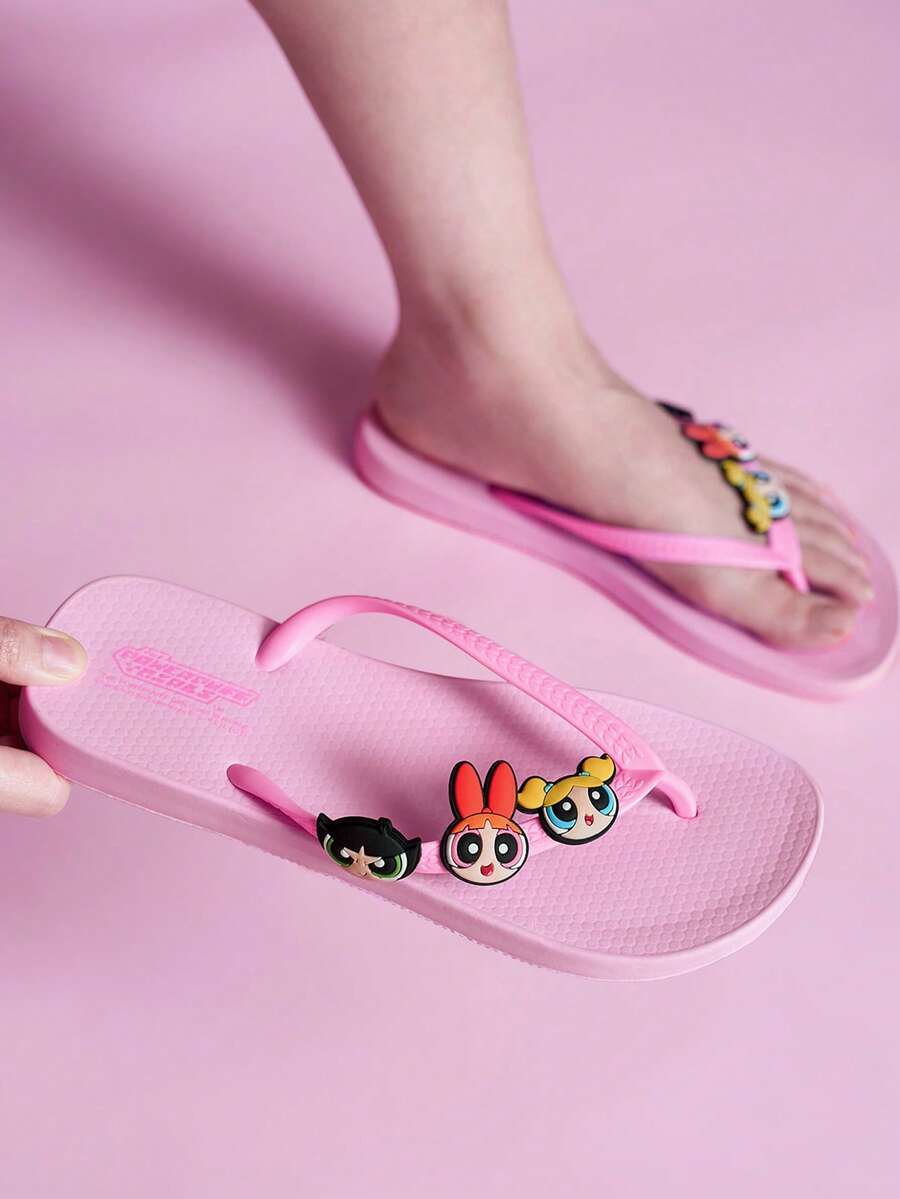 THE POWERPUFF GIRLS X SHEIN 卡通夾腳拖鞋,EVA輕量材質,腳趾保護,透氣快乾,柔軟舒適,適合室內、淋浴或海邊等多種場合使用,夏季服飾,春季服飾,海灘,度假 - 珊瑚粉 - 查看 1