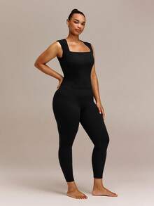 GLOWMODE FeatherFit™ Plus Size Let Your Glow Show Square Neck Waist Length Tank With Removable Cups Low Impact Yoga Pilates Studio Daily Active - Black - View 7