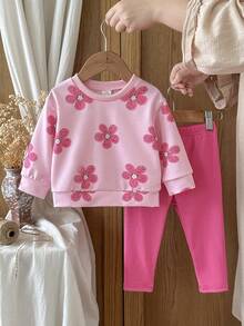 SHEIN Vintaside Kids 女嬰秋冬新款花卉印花羅紋圓領衛衣與羅紋內搭褲舒適時尚極簡套裝 - 粉色 - 查看 3