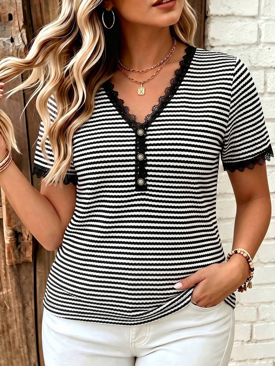 Breezaya Plus Size Women's French Style Elegant Button Half-Placket Lace Patchwork Contrast Color Top Holiday Black And White Summer - Black and White - View 1