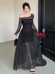 DAZY Herbst Quadratischer Ausschnitt Laternenärmel Langarm Spitze Transparenter Stoff Tailliert A-Linien Rock Schwarz Elegantes Damen Midikleid - Schwarz - Übersicht 3