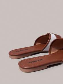 Styleloop Women Shoes Multi-Colored Canvas Splicing Square Toe Flat Bottom Cross Sandals, Simple Casual Style, Suitable For Daily Commuting, Vacation Travel - Brown 4 - View 4