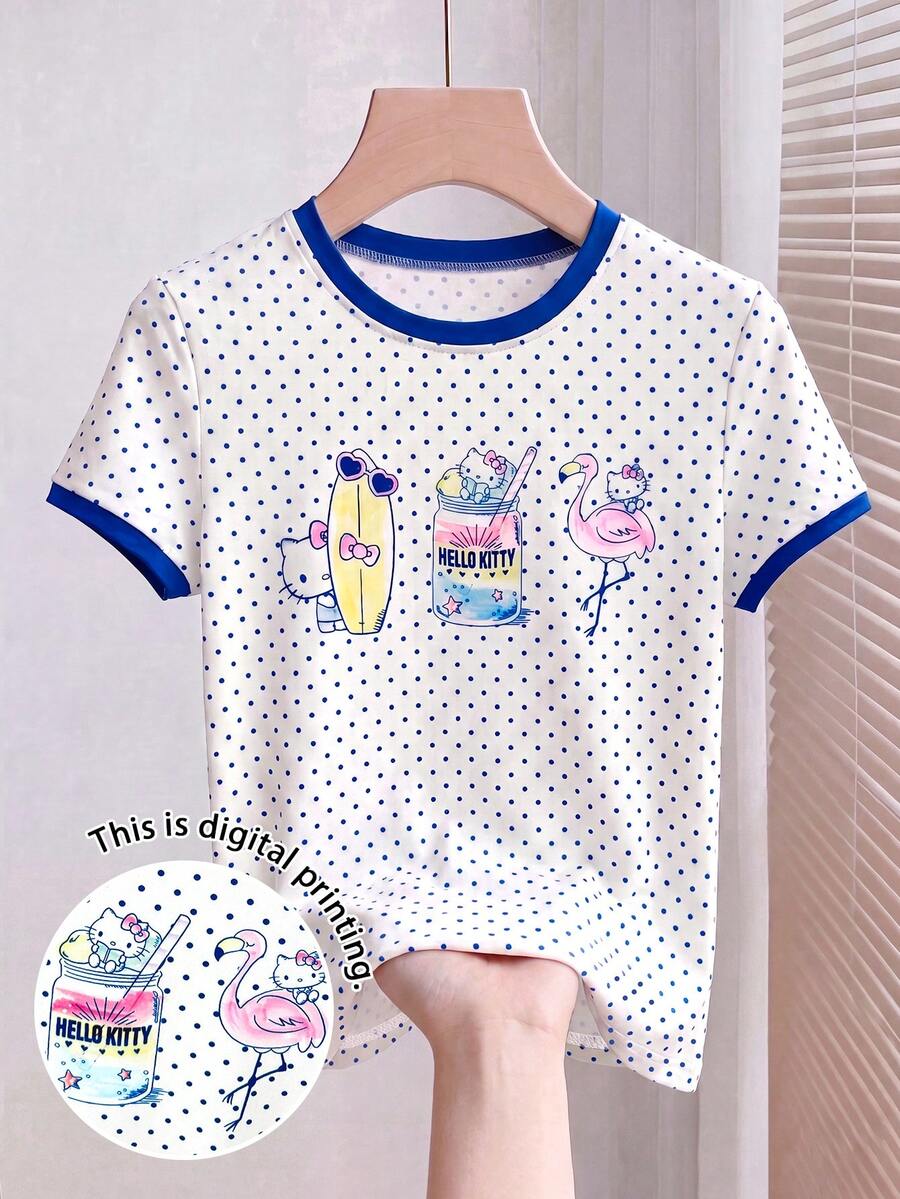 Resyla HELLO KITTY AND FRIENDS | SHEIN Tops MTO 夏季女款數位印花圖案修身圓領短袖T恤 - 彩色 - 查看 1