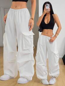 SHEIN PETITE Flip-Flap Pocket Side Cinched Waist Pants - White - View 1