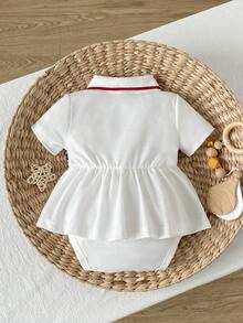 SHEIN Playful Pals 女嬰夏季日常外出度假短袖 Polo 領馬匹印花休閒運動風連身衣 - 白色 - 查看 2