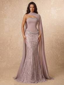 Lumalex Elegant Luxurious Diamond Pearl Sequin Floral Mesh Patchwork Stretch Knit Mermaid Skirt With Hanging Chiffon Flounce,Suitable For Wedding,Party,Prom - Dusty Pink - View 5