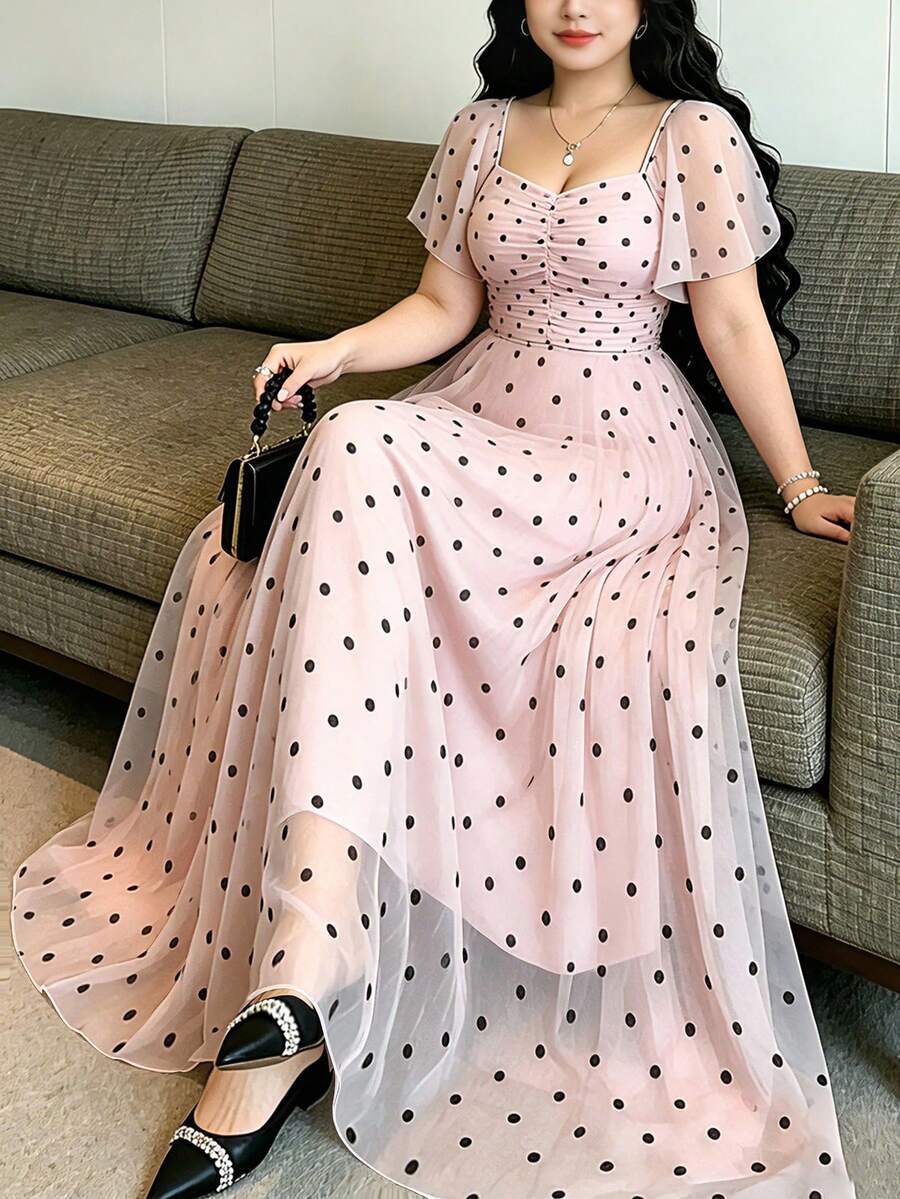 Modelyn 大尺碼圓點印花洋裝,女款時尚方領荷葉邊飛袖設計極簡長洋裝,夏季收腰優雅長裙,適合夏季度假與日常穿著 - 彩色 - 查看 1