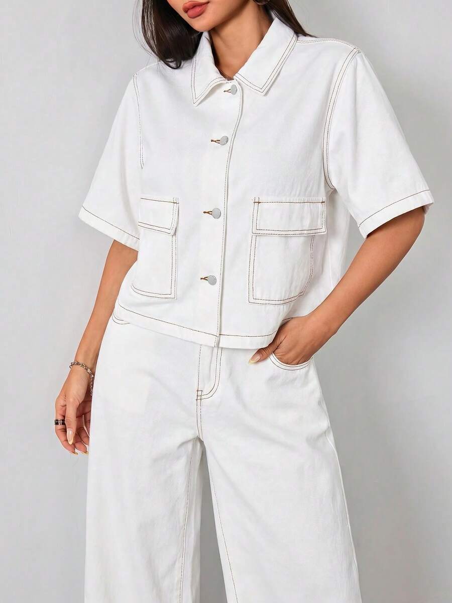 SHEIN 青少年女孩短袖單排扣休閒牛仔夾克 - 白色 - 查看 1