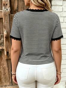 Breezaya Plus Size Women's French Style Elegant Button Half-Placket Lace Patchwork Contrast Color Top Holiday Black And White Summer - Black and White - View 2