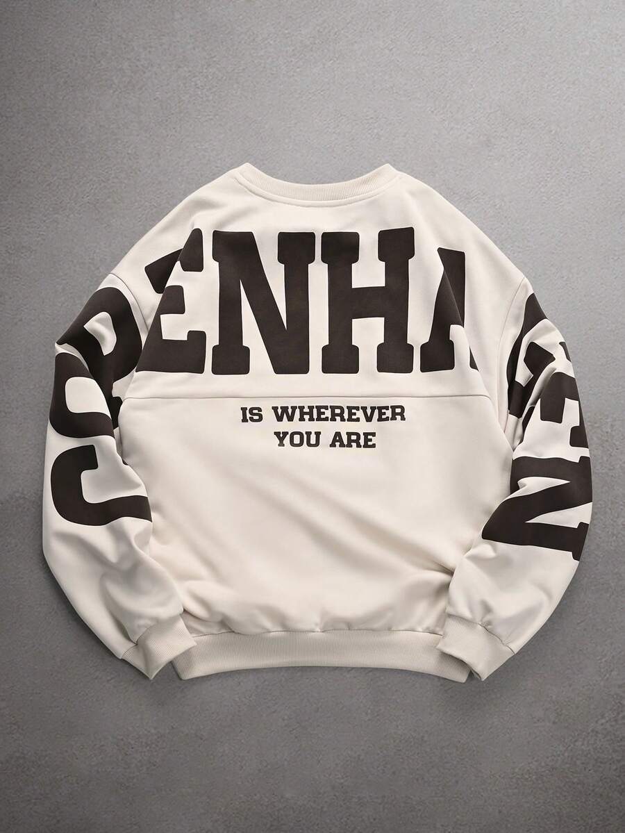 Manfinity Roghcode Sudadera de manga larga con cuello redondo, gráfico de letras, casual y versátil para uso diario para hombres - Albaricoque - Ver 1