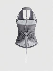 ROMWE Grunge Punk Tank Top Wanita Motif Tengkorak & Salib Perunggu dengan Kerah Berlipat, Model Kerah Kerudung 2 in 1, Gaya Seksi Vintage Y2K, Musim Semi/Panas - Grey - View 2