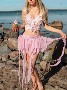 ROMWE X Elena Katey 春夏情人節女款復古美人魚性感水母流暢貝殼吊墜不對稱下擺裙 - 粉色 - 查看 2