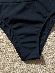 Swim Basics Summer Beach Rib Triangle High Waisted Bikini - Black - View 5