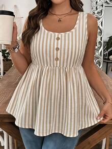 Comfylo Casual Vacation Vintage Apricot Striped Pattern Print Plus Size Women's Spaghetti Strap Camisole, Suitable For Summer - Multicolor - View 1