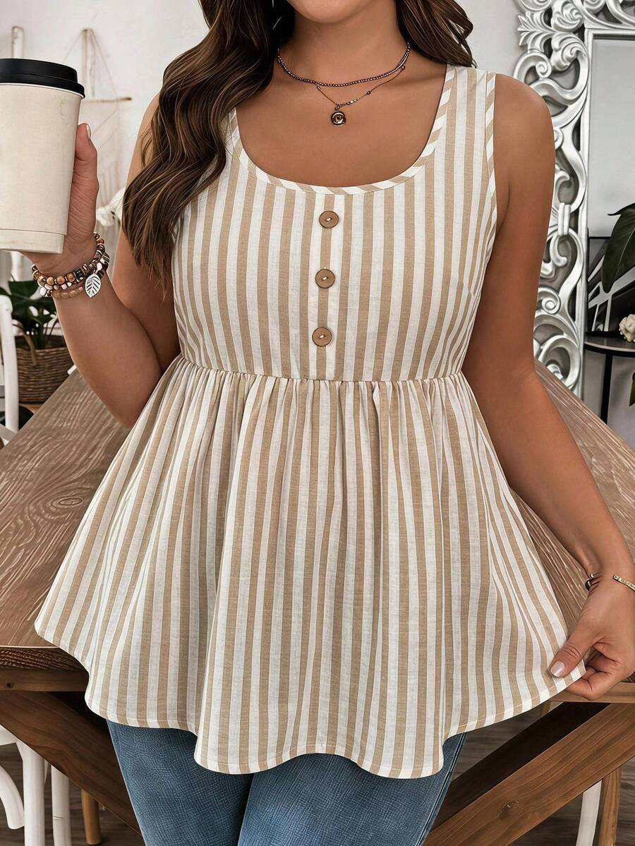 Comfylo Casual Vacation Vintage Apricot Striped Pattern Print Plus Size Women's Spaghetti Strap Camisole, Suitable For Summer - Multicolor - View 1