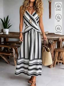 SHEIN Holidaya Women's Casual Coastal Vacation Striped Dress, Summer Versatile, Hem Slit, Textured Fabric Print, Daily, Christmas New Year Outfit, Beach Outfit - Multicolor - View 4