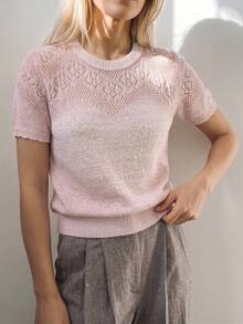 Sprig & Strand Top de punto calado casual para vacaciones de mujer, manga corta, elegante y exquisito, con patrón de bloques de color degradado, ajuste holgado, suéter de punto para primavera y verano - Rosa - Ver 4