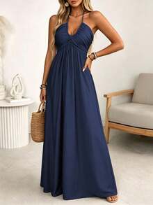 Wandoria Women's Spring/Summer Navy Blue Single-Strand Bamboo Linen Blend With Rayon Spaghetti Strap Tie Bow Front Double Layer Pleated Shirred A-Line Dress - Navy Blue - View 4