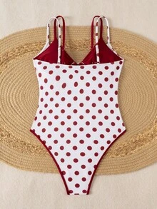Swim Mod Women's One-Piece Plaid Swimsuit With Spaghetti Strap For Spring/Summer Beach Vacation - Red and White - View 2