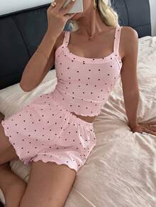 Napfluff 女款愛心印花細肩帶上衣與短褲睡衣套裝 - 粉色 - 查看 4