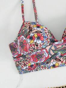 Swim Lushoire 女款海灘度假花卉印花交叉設計比基尼兩件式泳衣（聚攏托高內建鋼圈，隨機印花）米色熱帶夏季 - 彩色 - 查看 9