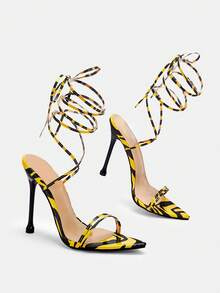 Glitzique 2026 New Sexy Party Lace-Up High Heels For Women, Summer Pointed Toe Stilettos, Elegant Strap Criss-Cross Sandals, Black Yellow Leopard Print Color Block - Black - View 12