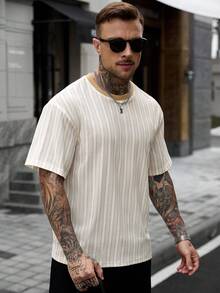 Manfinity CasualCool 男士休閒 INS 風格對比條紋紋理布料日常街頭風男友丈夫禮物週年紀念禮物夏季寬鬆版型 T 恤 - 彩色 - 查看 3