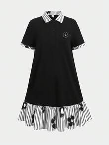 SHEIN Tween女孩拼色花卉條紋A字連身裙，附拼色蝴蝶結，黑白配色，返校季 - 黑色 - 查看 6
