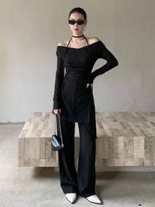 DAZY Women's Cross Off Shoulder Korean Style Tie-Up Long Sleeve T-Shirt, Spring/Autumn Cute Tops Vacation Going Out Tops - Black - View 8