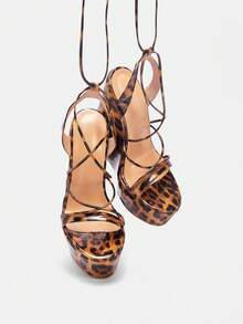 Glitzique Giày sandal đế xuồng cao gót cho nữ, họa tiết da báo, quai phối màu, hở mũi, mũi tròn, gót dày và gót cực cao, thích hợp cho trang phục mùa xuân hè. - Nhiều màu - Xem 12