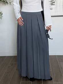 Solavon Women's Solid Color Elegant Commuter Pleated Skirt - Grey - View 6