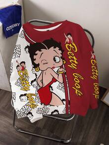 Betty Boop x SHEIN 大尺碼卡通圖案字母印花圓領長袖衛衣 - 白色 - 查看 3