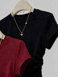 SHEIN Tween女孩收腰短袖T恤盲盒 3合1隨機發貨 櫻桃印花短袖T恤 白色 黑色 酒紅色 適合外出街頭穿搭 日常基礎百搭 春夏秋冬四季皆宜 - 彩色 - 查看 3