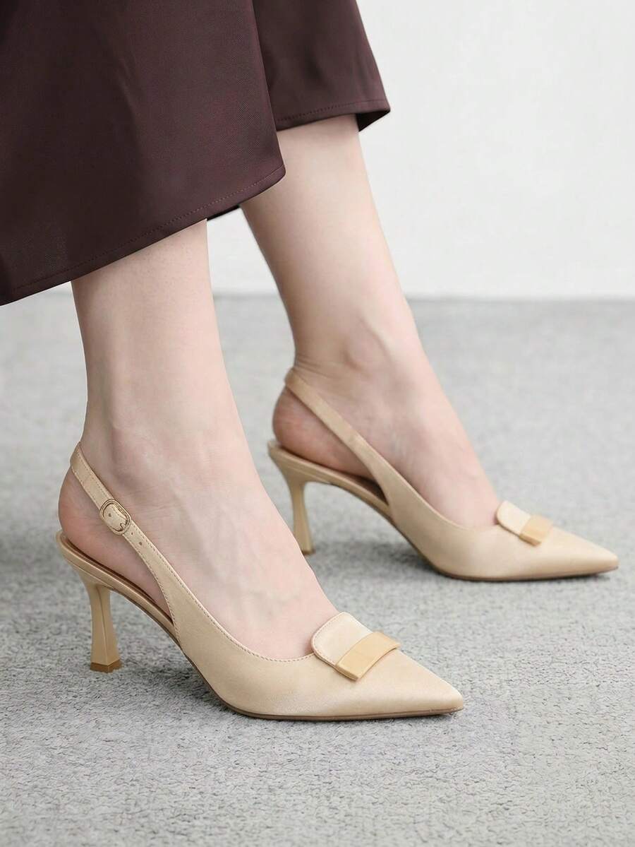 CUCCOO CHICEST 女款戶外尖頭細高跟布面鞋,時尚簡約舒適,帶扣設計,適合日常宴會與派對穿著 - 沙丁 淺金色 - 查看 1