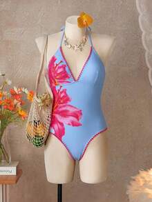 Swim Vcay 春夏度假海灘花卉撞色狗牙邊掛脖綁帶式一件式泳衣 - 彩色 - 查看 4