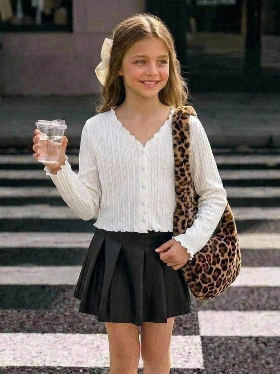 SHEIN Tween Girl Tween Girl Shorts Knit Textured Cardigan Jacket Sun Protection Cardigan Cable Knit Cardigan Children's Jacket - White - View 1