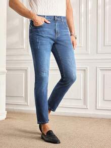 Casual Fashion Versatile Daily Slim Fit Simple Button Men Jeans - Blue - View 4